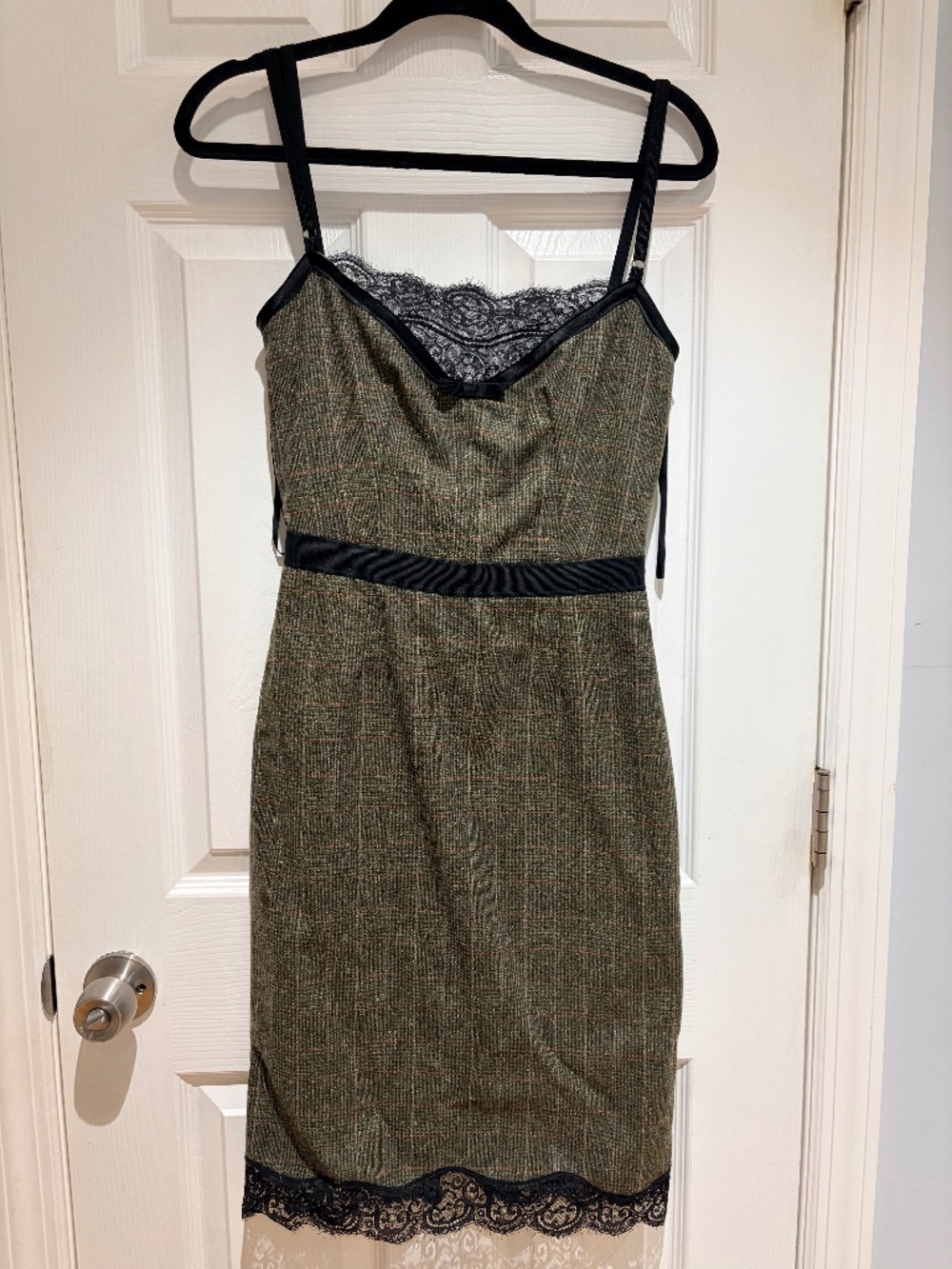 D&G Dolce & Gabbana Olive Plaid Wool Lace Corset Sheath Dress IT 40 US 4